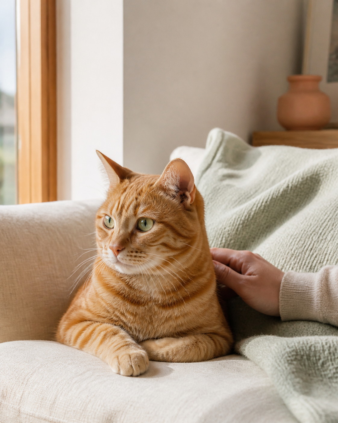 An orange tabby cat relaxing by a sunny window