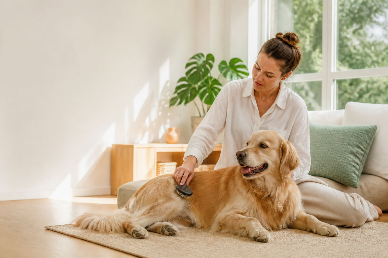 A woman gently brushing her golden retriever in a bright living room